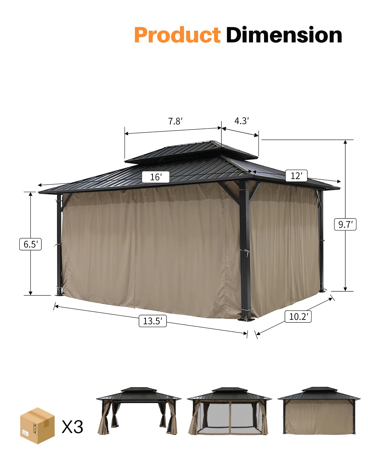 SeeHill 12' x 16' Patio Hardtop Gazebo, Aluminum Frame Pergola with Double Roofs, Mosquito Net and Curtains for Garden