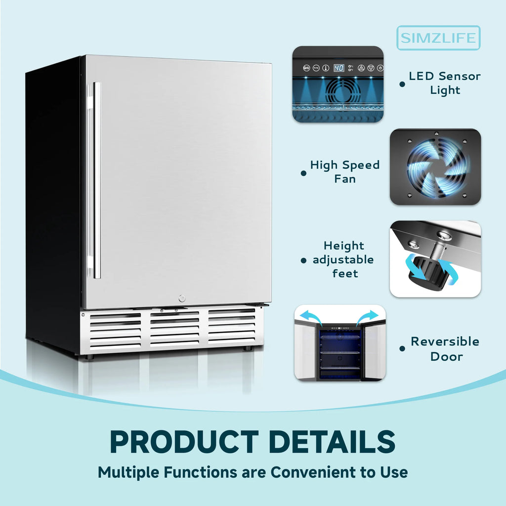 Simzlife 15/22.6-inchs Built-in Beverage Refrigerator,Single-Zone 130/180 Cans，Wine Cabinet, LED Temperature Control,Silver