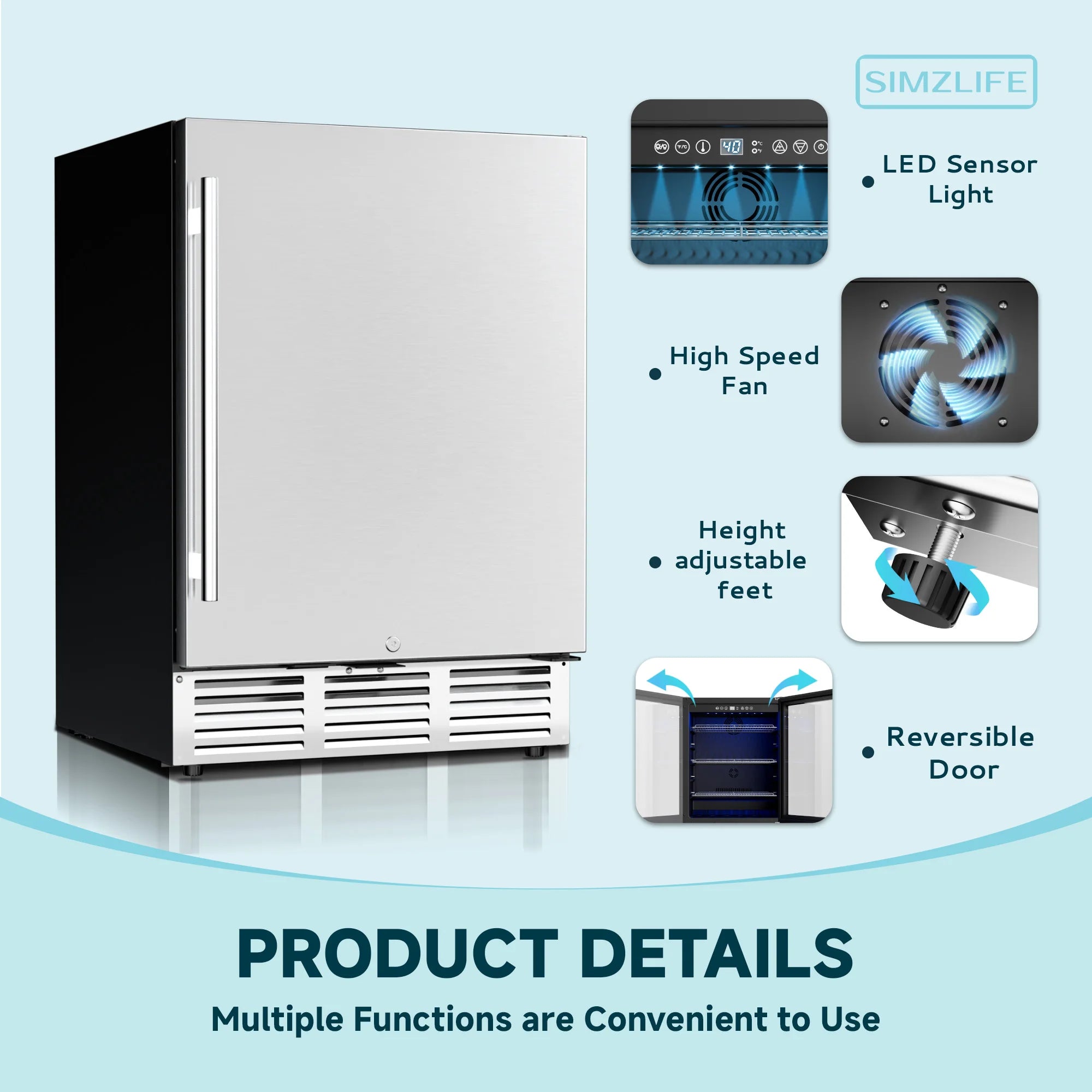 Simzlife 15/22.6-inchs Built-in Beverage Refrigerator,Single-Zone 130/180 Cans，Wine Cabinet, LED Temperature Control,Silver