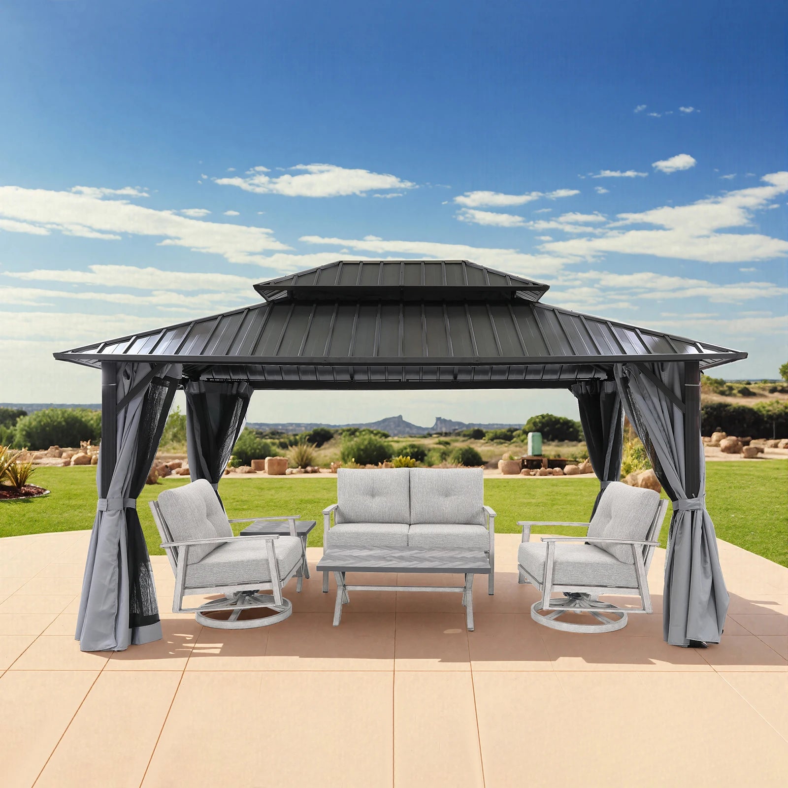 SeeHill 12' x 16' Patio Hardtop Gazebo, Aluminum Frame Pergola with Double Roofs, Mosquito Net and Curtains for Garden