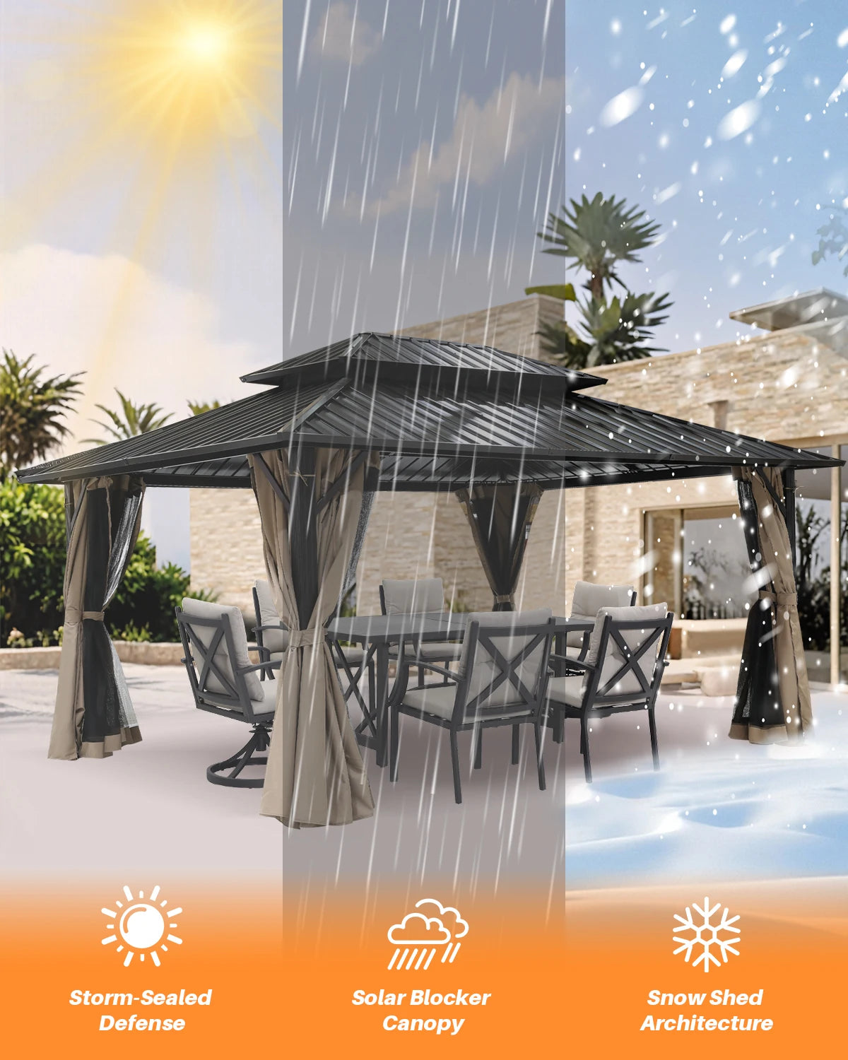 SeeHill 12' x 16' Patio Hardtop Gazebo, Aluminum Frame Pergola with Double Roofs, Mosquito Net and Curtains for Garden