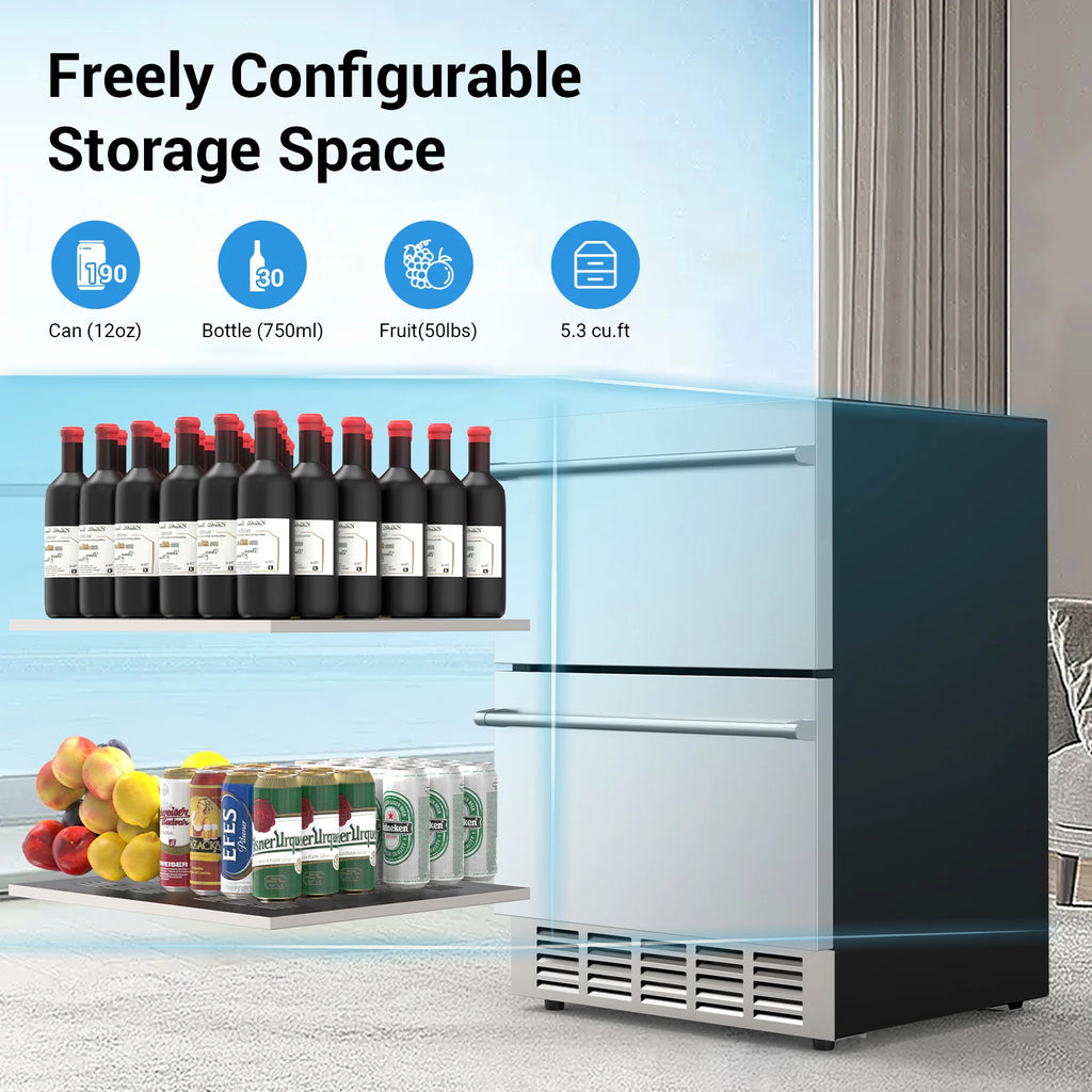 24 Inch under Counter Beverage Refrigerator Outdoor Drawer Fridge Stainless Steel Temperature Control for Home Outdoor Use