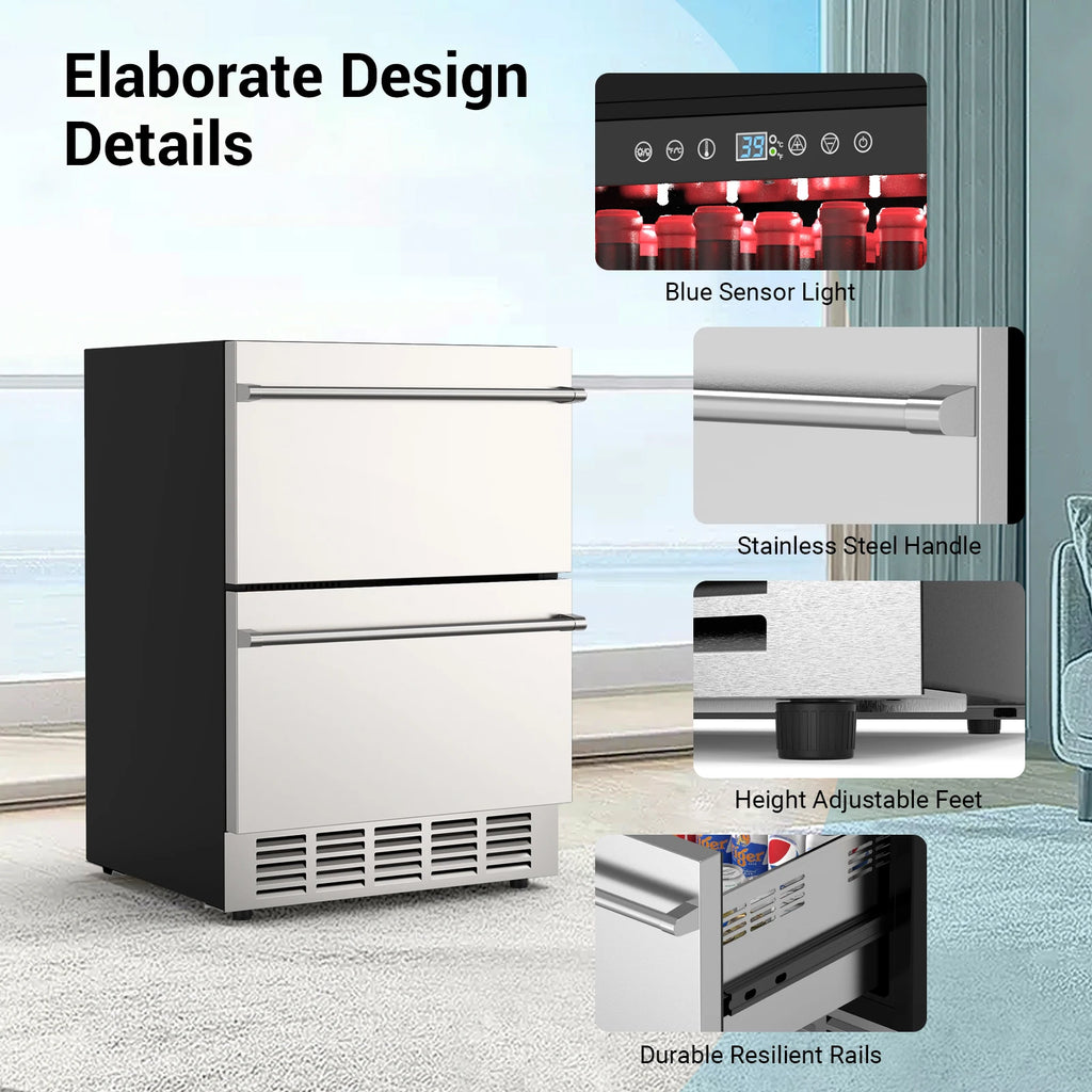 Outdoor Refrigerator for Patio, Outdoor Drawer Fridge, 24 Inch Undercounter Refrigerators with Wheels, 120 Cans Beverage Fridge