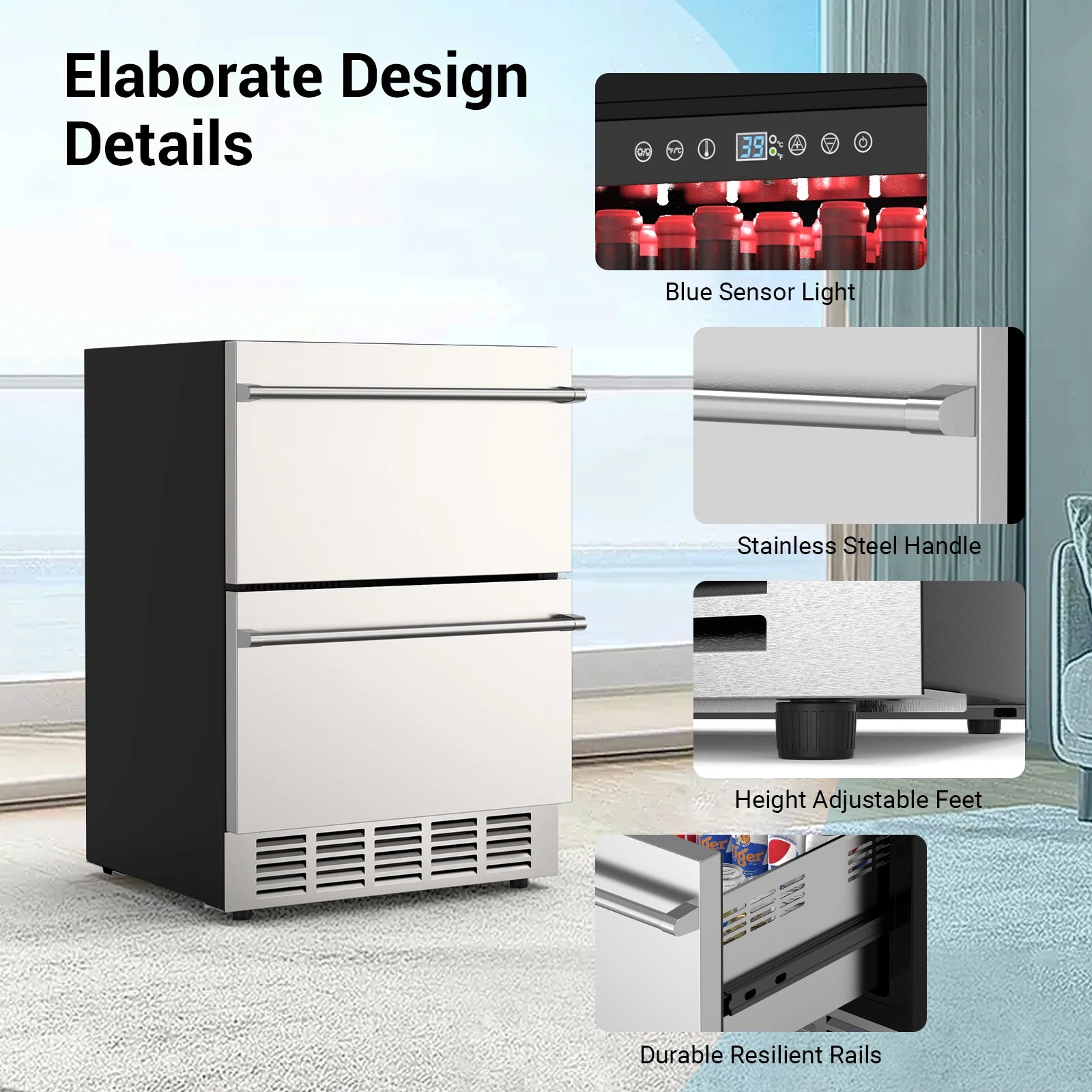 24 Inch under Counter Beverage Refrigerator Outdoor Drawer Fridge Stainless Steel Temperature Control for Home Outdoor Use