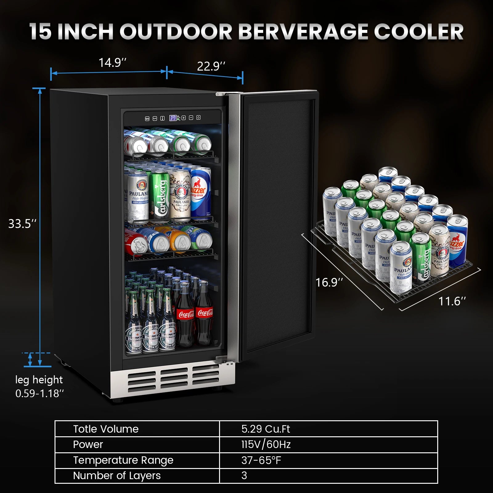 15 Inch Outdoor Beverage Fridge Stainless Steel Beverage Cooler Under-counter Beer Fridge Indoor/Outdoor Beverage Refrigerator