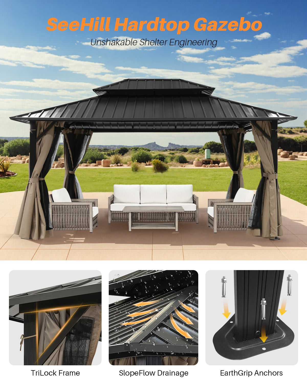 SeeHill 12' x 16' Patio Hardtop Gazebo, Aluminum Frame Pergola with Double Roofs, Mosquito Net and Curtains for Garden