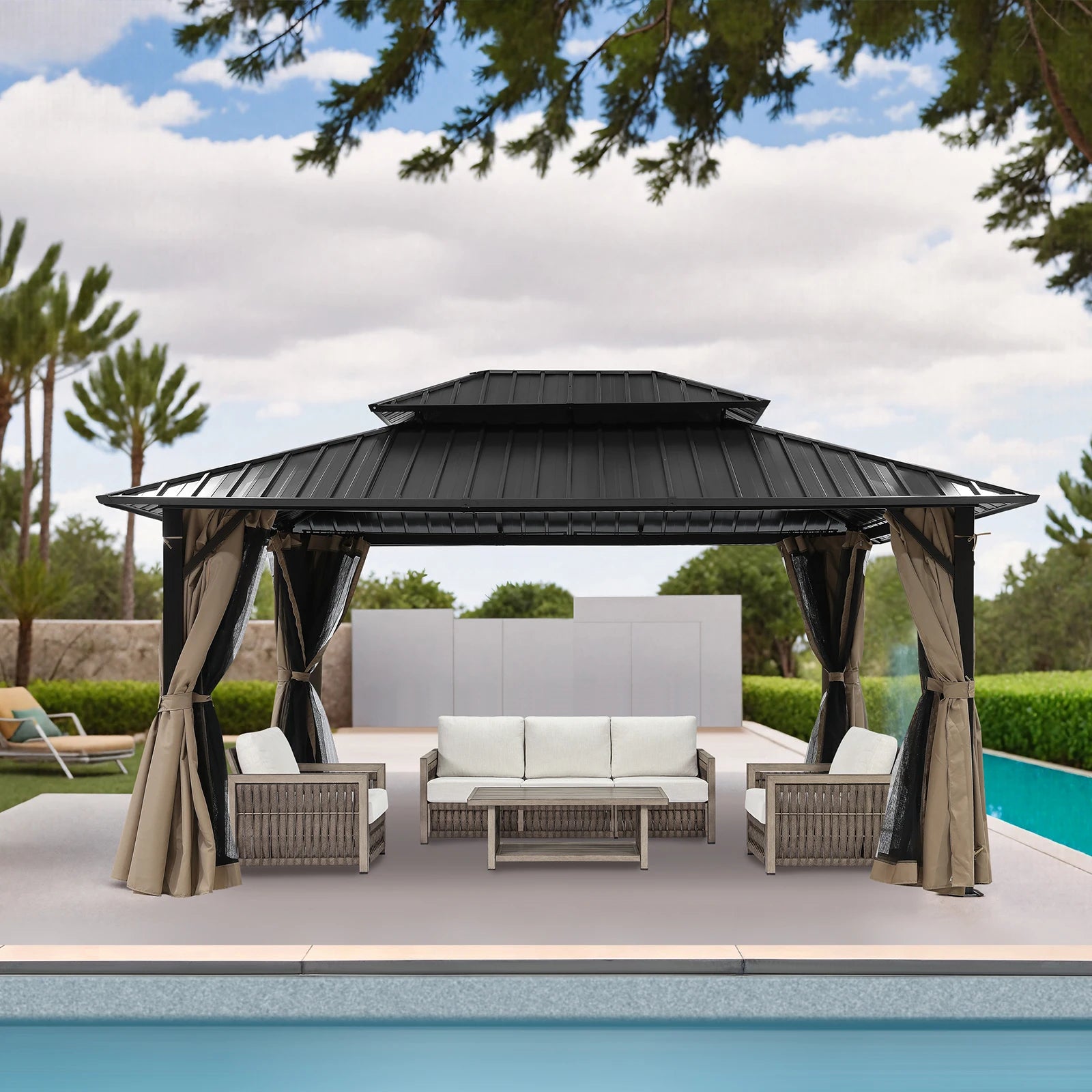 SeeHill 12' x 16' Patio Hardtop Gazebo, Aluminum Frame Pergola with Double Roofs, Mosquito Net and Curtains for Garden