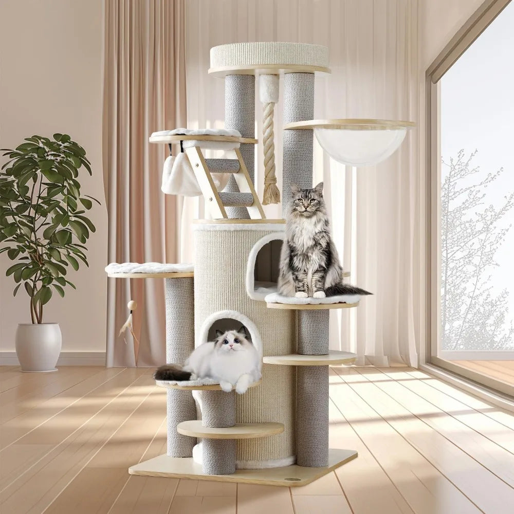 63'' Castle Large Cat Tree for Maine Coon,Modern Solid Wood Cat Tower for Indoor Cats Adults,Multi-Level Heavy Duty Luxury Cat C