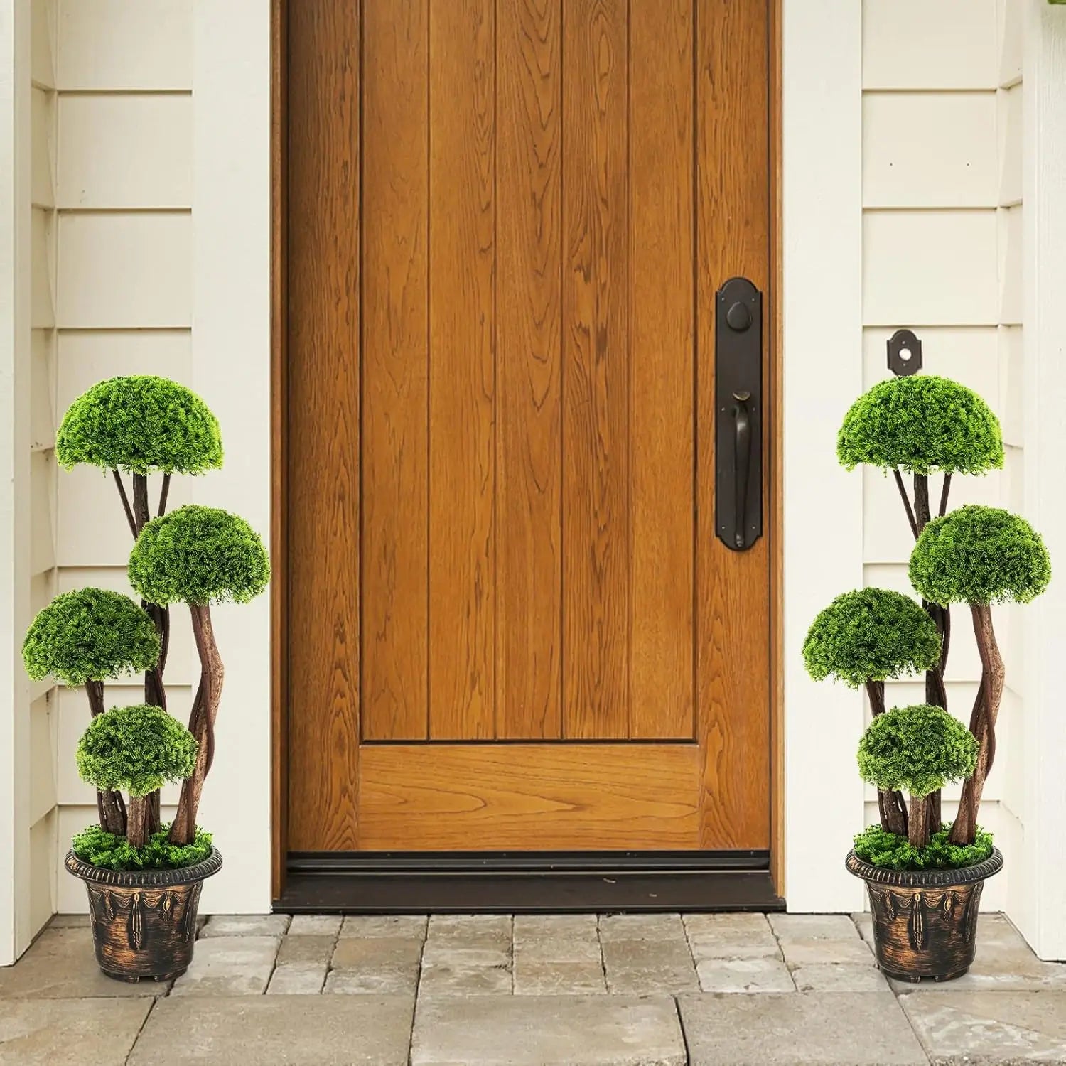 Artificial Cypress Topiary Ball Tree, 2 Pack 3 Ft Tall Artificial Plant, Indoor/Outdoor Topiary Trees with Golden Cement Pot