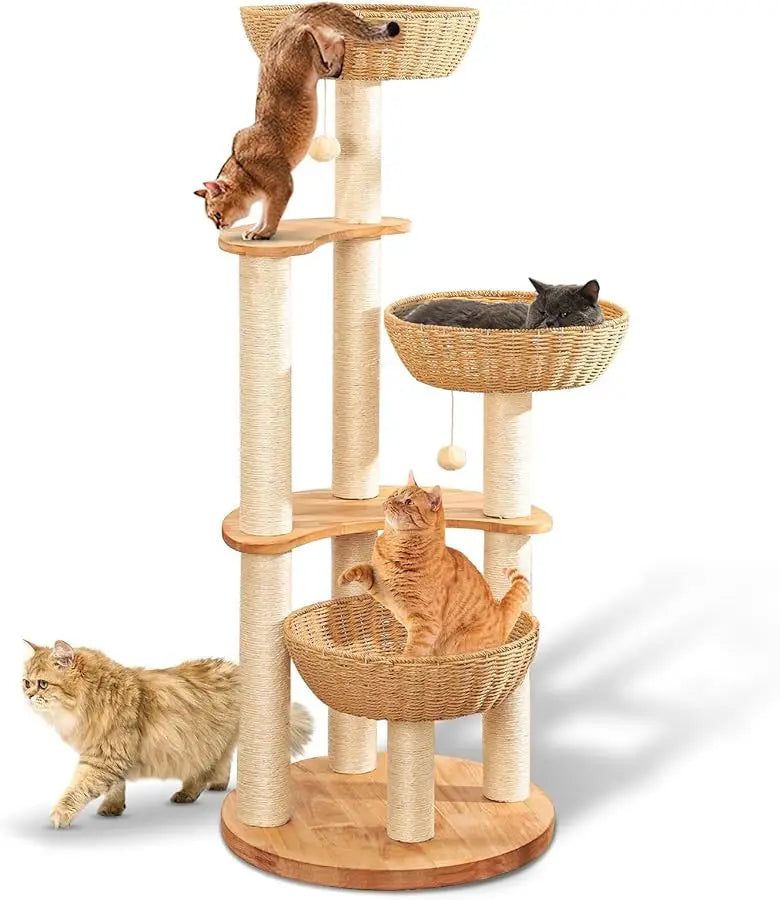 Large Wood Cat Tree Tower for Indoor Cats, Multi-Cats Scratching Post & Cat Condo with Handwoven Cat House Basket, Thick Sisal P