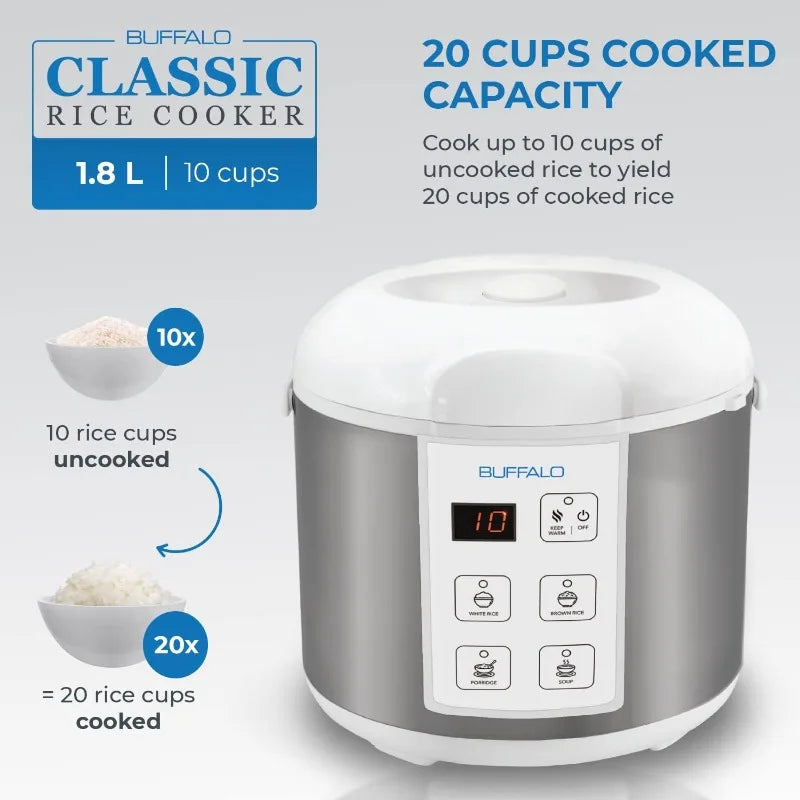Buffalo Rice Cooker with Clad Stainless Steel Inner Pot - Electric Rice Cooker for White/Brown Rice,Grain - Auto Warmer (10 Cup)