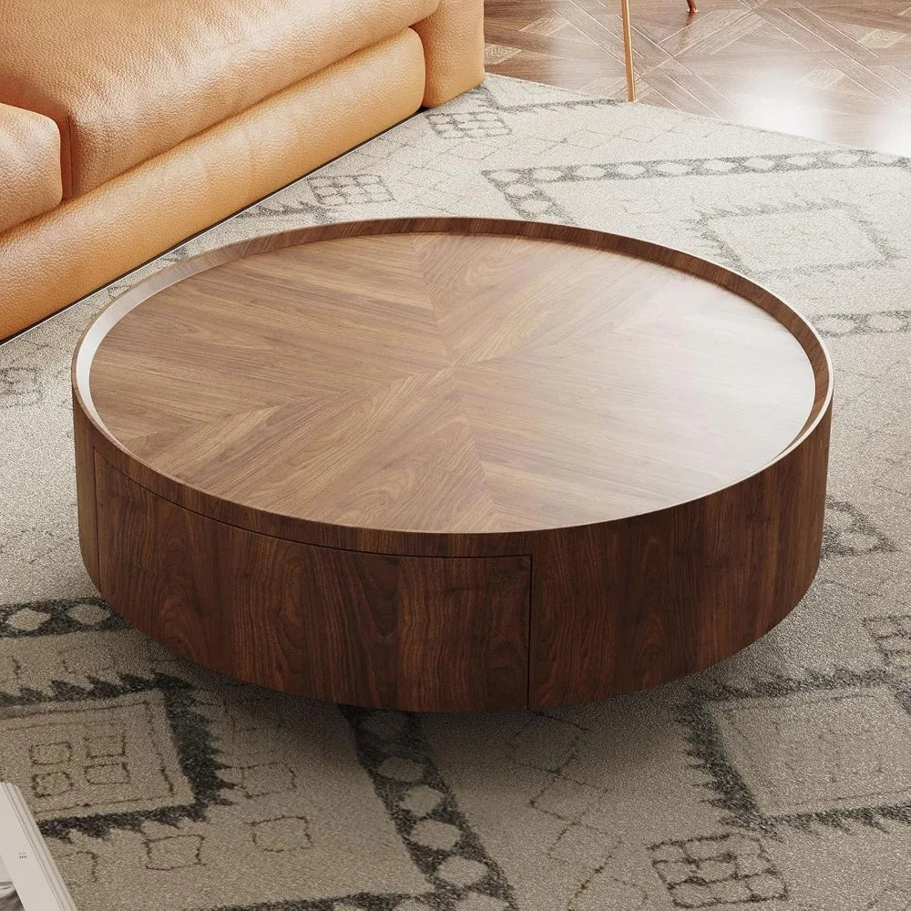 35.4" Mid-Century Modern Walnut Coffee Table with Storage Drawers | Fully Assembled | Round Corners | Elegant & Durable