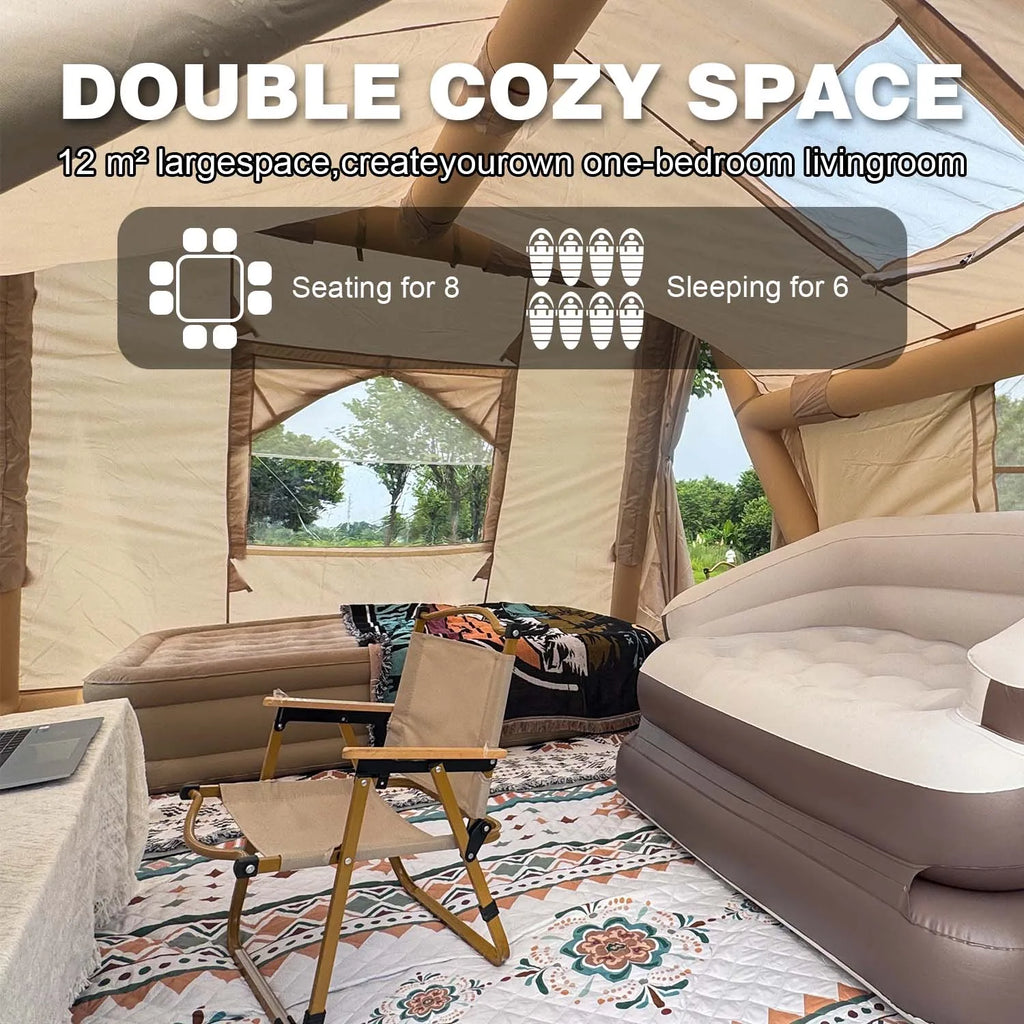 6-8 Person Large Inflatable Camping Tent, 4 Season Blow Up Tent with Rainfly/Canopy, Luxury Air Tent House with Stove Jack