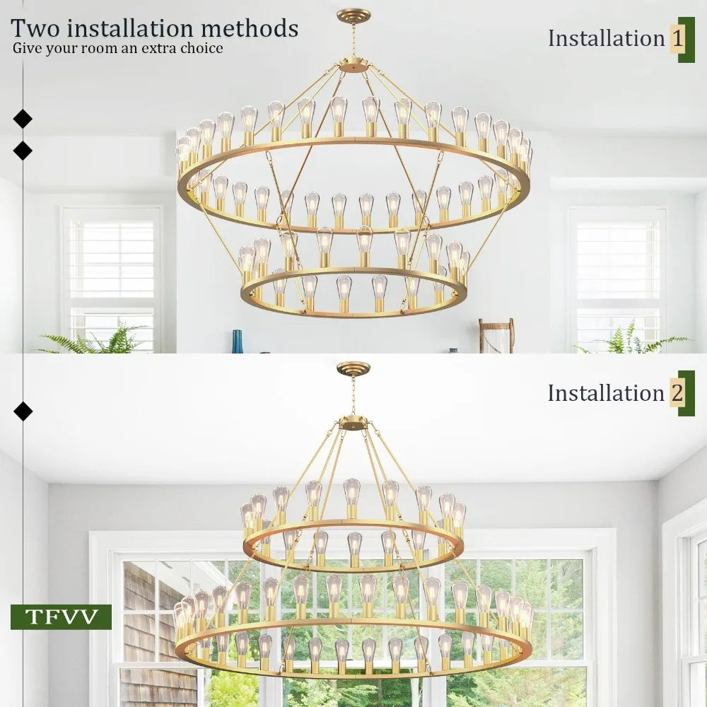 60‘’ Grand Circle 54-Light  Lamps Gold Wagon Wheel Chandelier 2 Tier Design Rustic Fixture Lighting  Lights For Room Home Decor