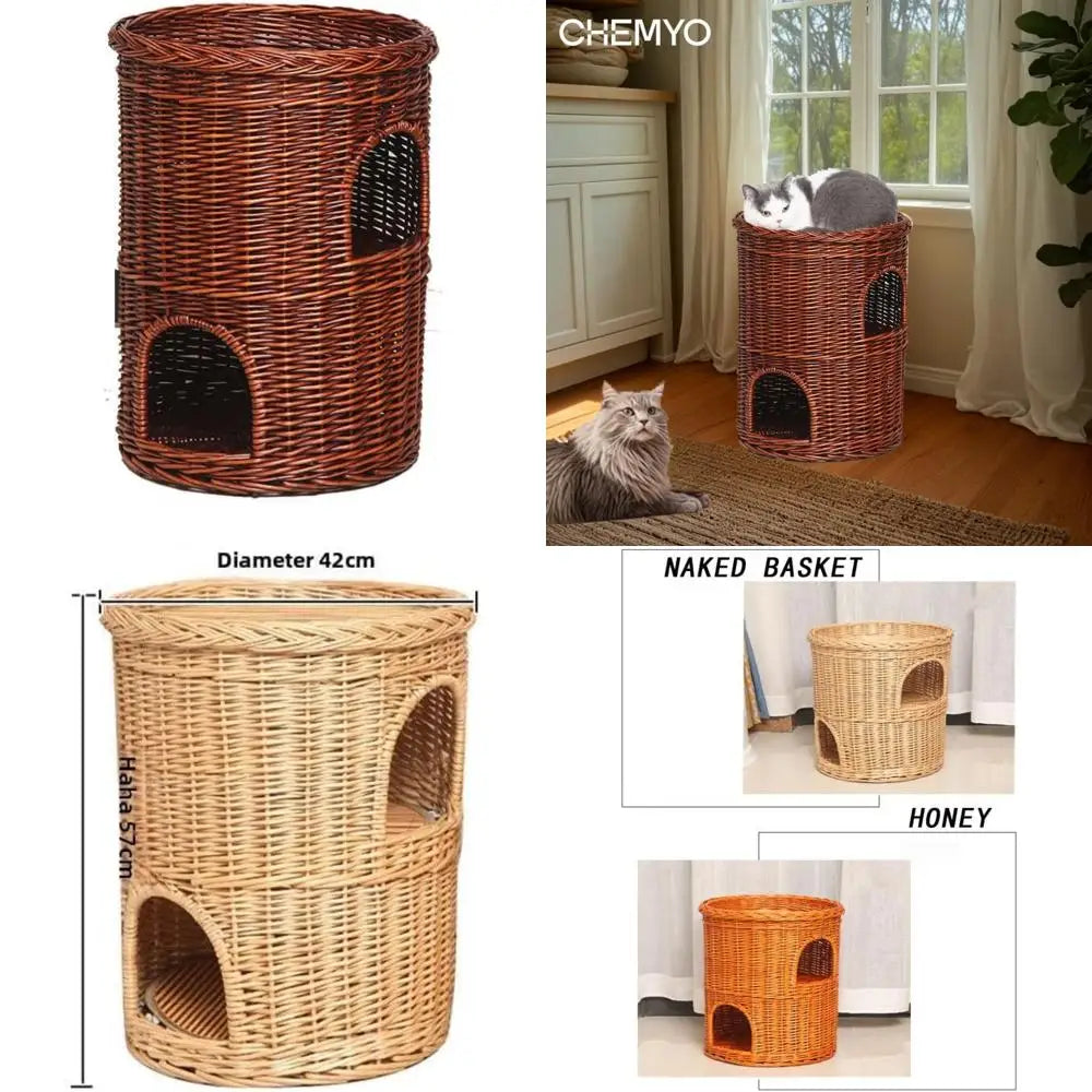 Indoor Willow Wicker Cat Tower with 2-Level Beds, Play and Sleep Furniture for Kittens, 42x42cm Pet Den and Cozy Bed