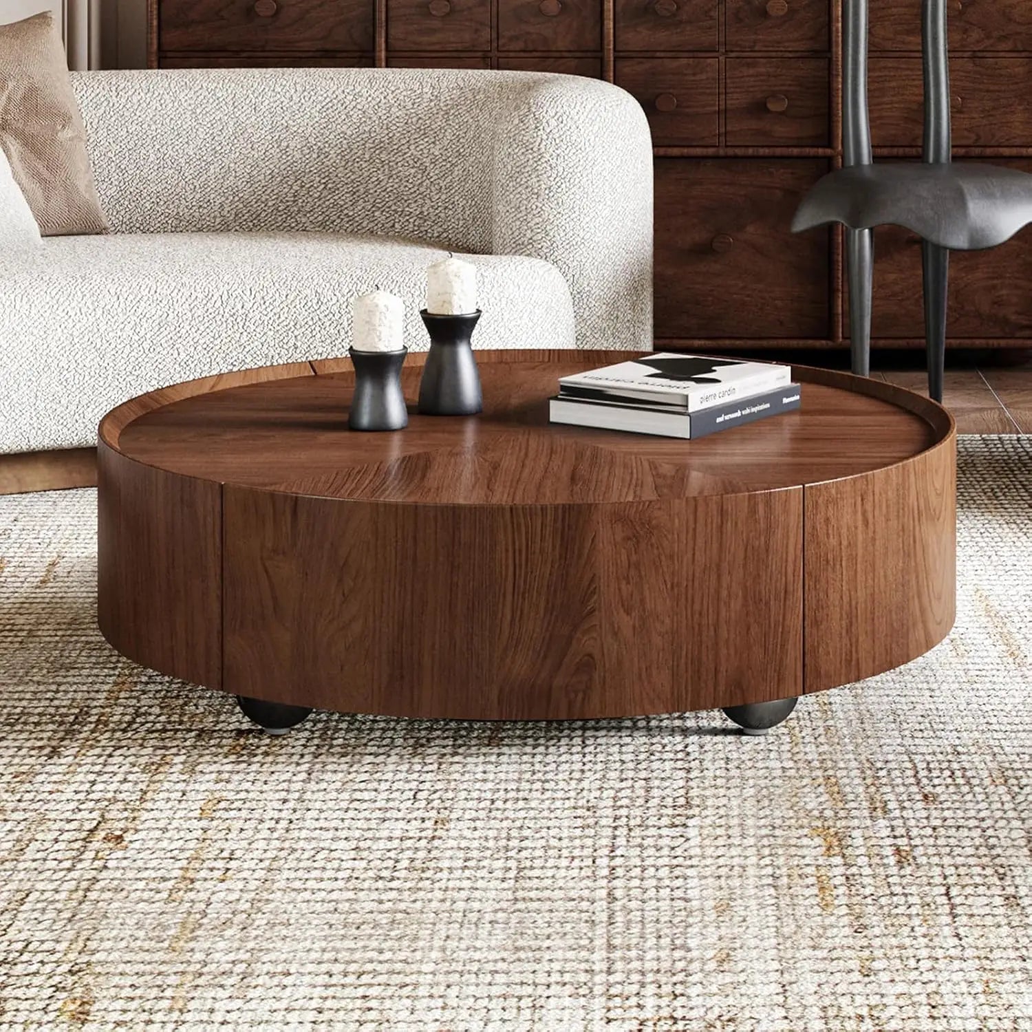 35.4" Mid-Century Modern Walnut Coffee Table with Storage Drawers | Fully Assembled | Round Corners | Elegant & Durable