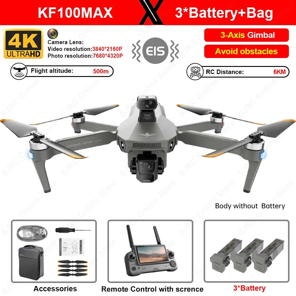KF100 Max Drone 4K Professional 3-Axis Gimbal Laser Obstacle Avoidance GPS 6KM RC Dron 45 Minutes Flight Time RC Quadcopter
