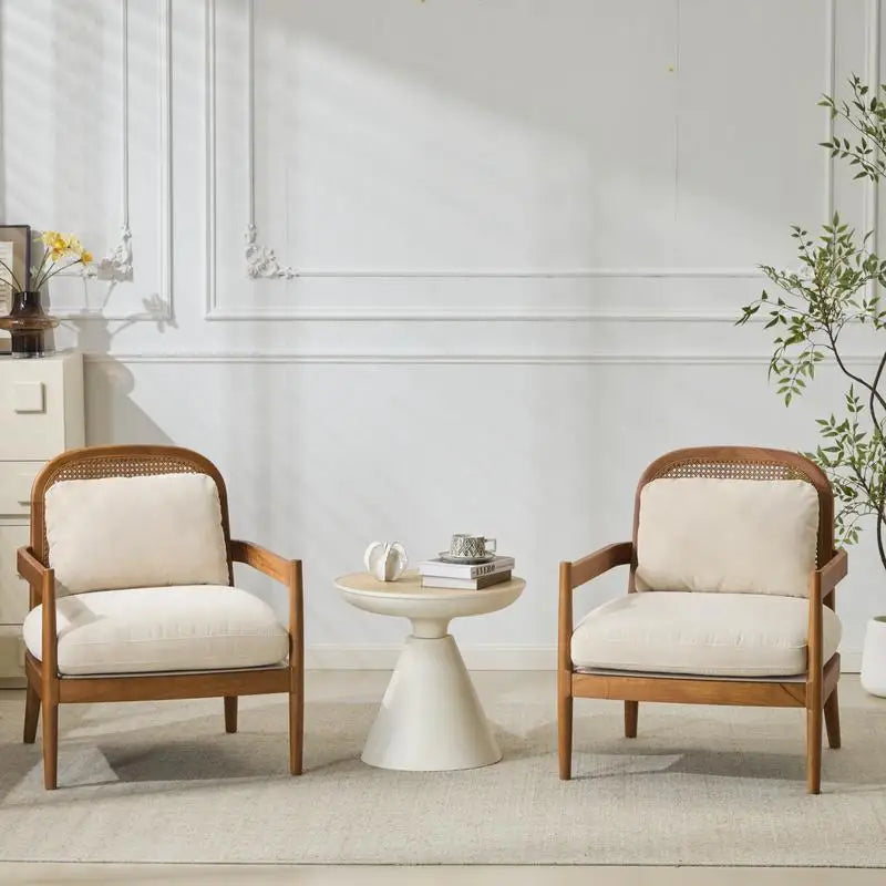 Set of 2 Mid-Century Modern Accent Chairs with Walnut Finish Solid Wood Frame and Rattan Backrest, Beige Cushions with Striped