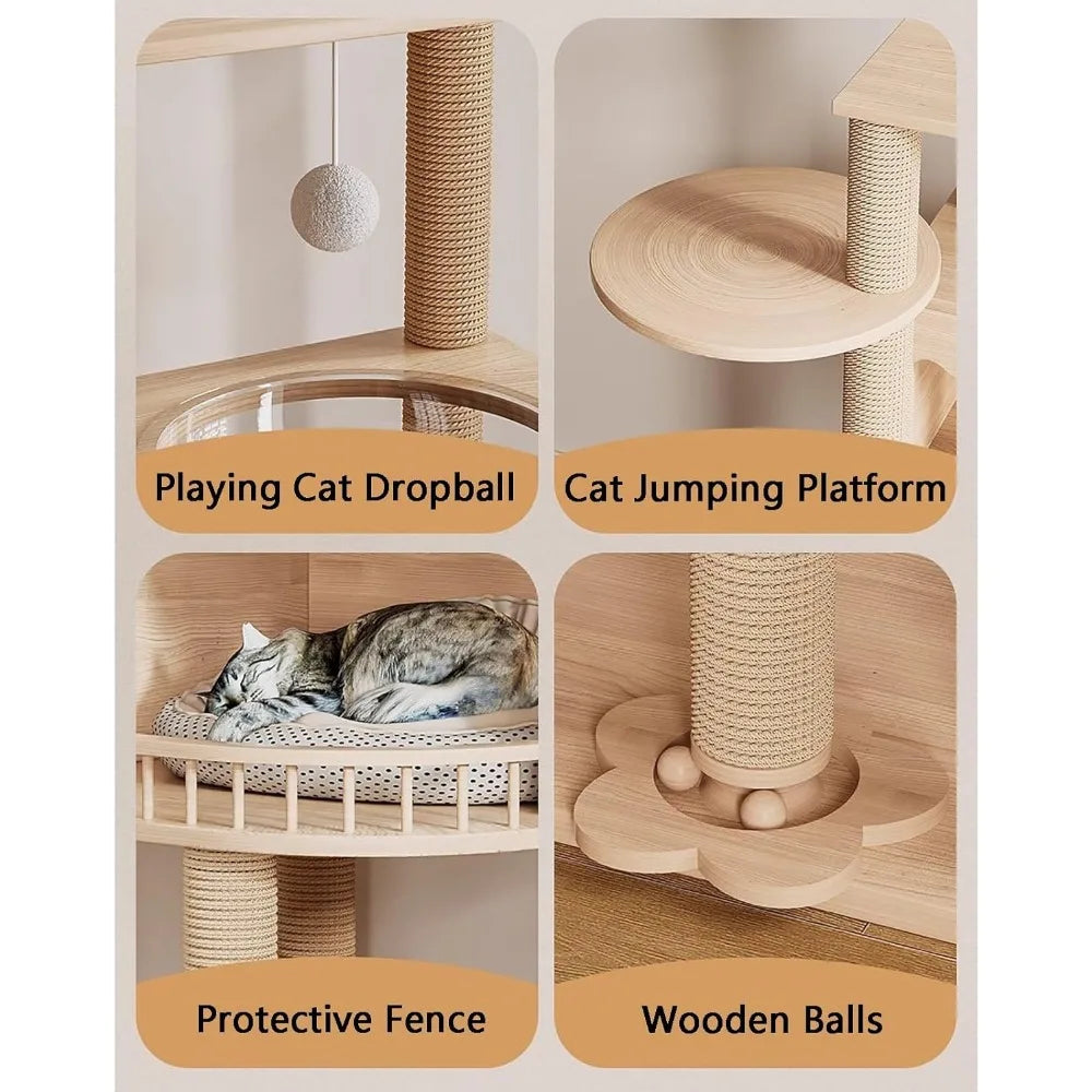 indoor cat tree house, tall and solid wood modern climbing frame for cats