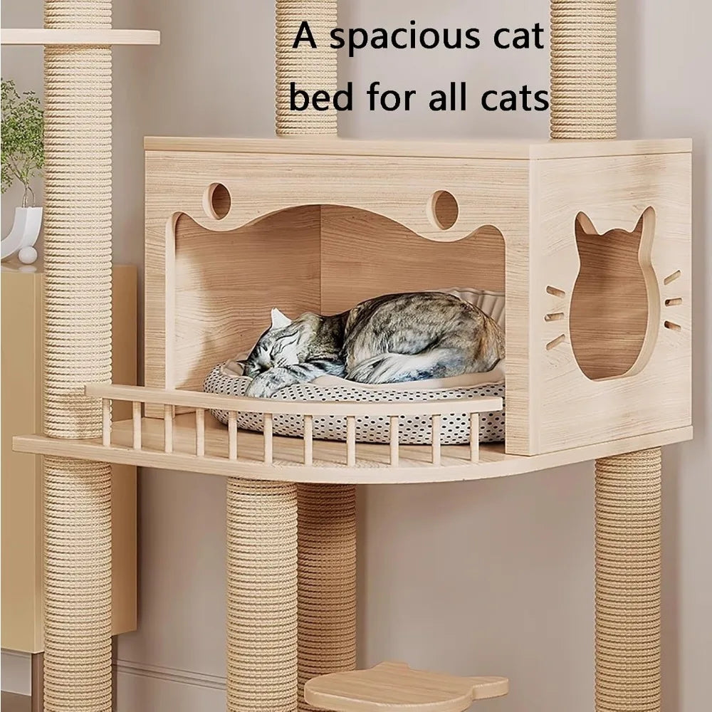 indoor cat tree house, tall and solid wood modern climbing frame for cats