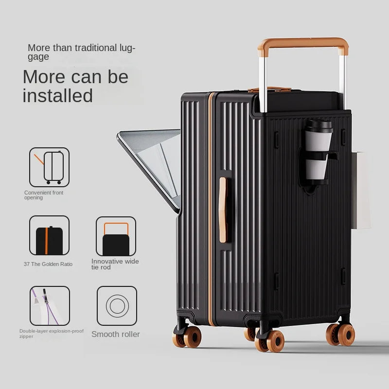 New Wide Tie Rod Luggage Front Opening Laptop Bag Multifunctional Travel Suitcases 20 inch Cabin Bag 24-30''Large Size Suitcases