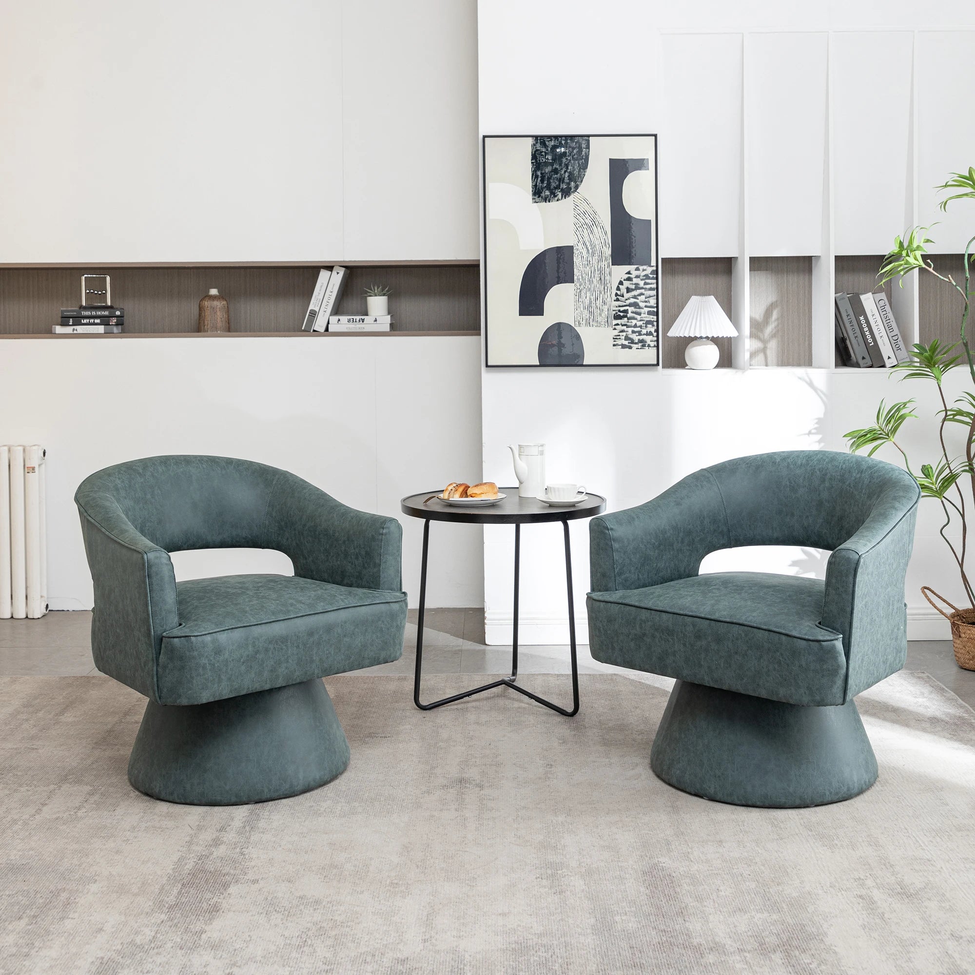 SEYNAR Modern Hollow Back PU Leather Accent Chair Set of 2, Upholstered Round Swivel Barrel Armchair for Living Room