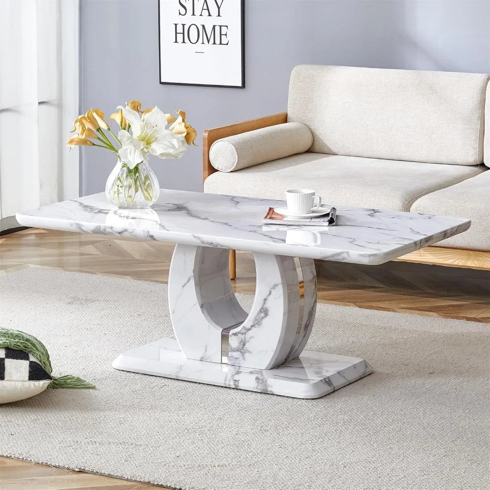 Modern Imitation Marble Coffee Table with Storage for Living Room, Rectangular Center Table with Stable Base
