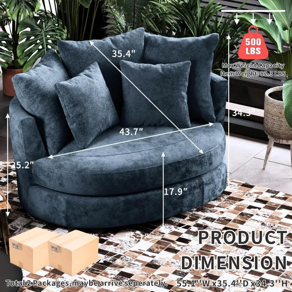 55.1''W Oversized Accent Barrel Chair, Chenille Upholstered Comfy Couch Sofa with 5 Pillows for Living Room, Apartment, Bedroom