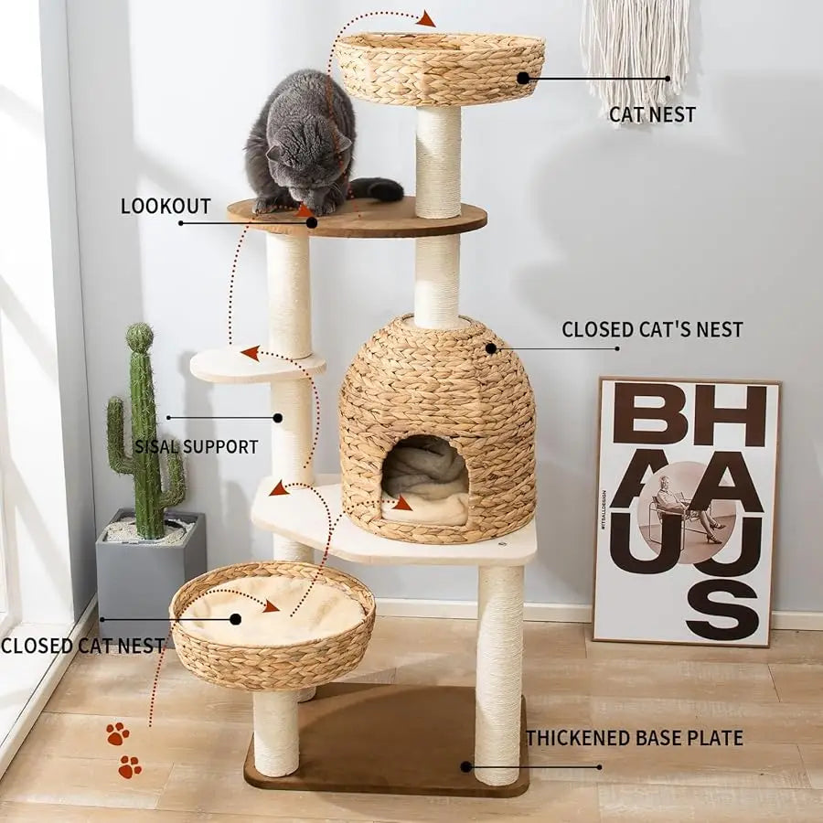 Large Wood Cat Tree Tower for Indoor Cats, Multi-Cats Scratching Post & Cat Condo with Handwoven Cat House Basket, Thick Sisal P