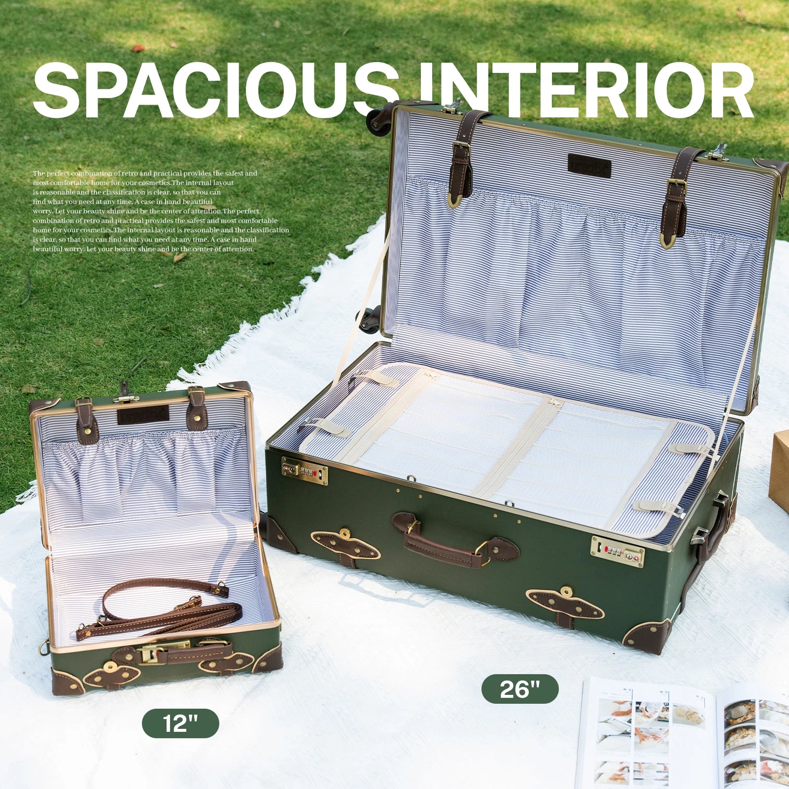 urecity Vintage Luggage Set, 3 Piece Retro trolley luggage bag,Travel Luggage with Spinner Wheels and Beauty Case (Army Green)