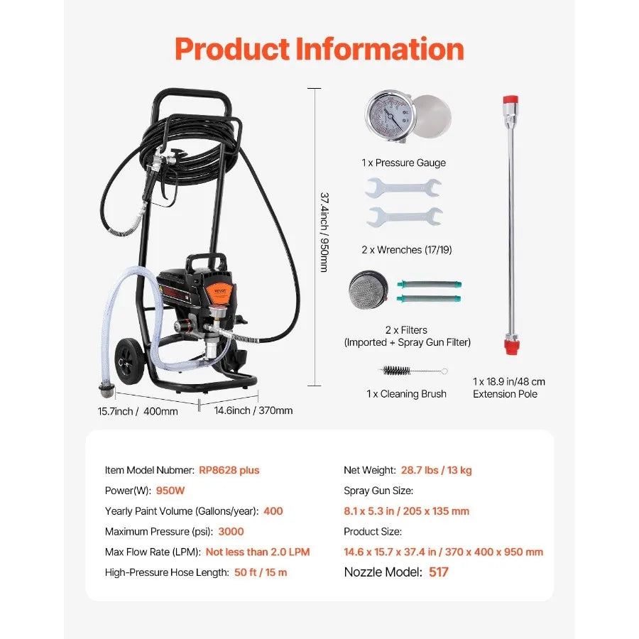 High Efficiency Electric Airless Paint Sprayer with Cart for Home Interior and Exterior Painting Applications 950W 3000PSI Deli