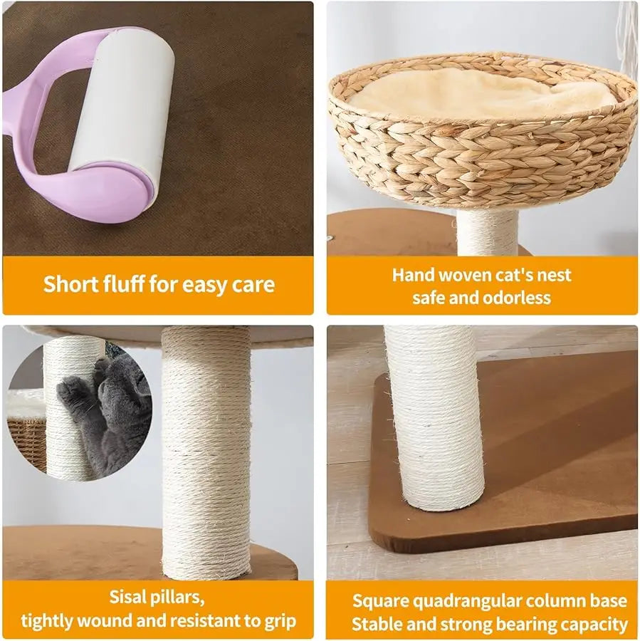 Large Wood Cat Tree Tower for Indoor Cats, Multi-Cats Scratching Post & Cat Condo with Handwoven Cat House Basket, Thick Sisal P