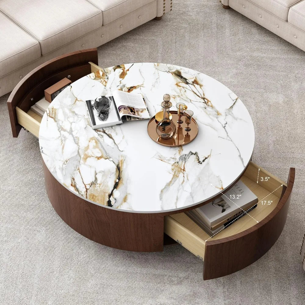 35.4-Inch Mid-Century Modern Marble Top Coffee Table with Drawers | Round Design | Solid Walnut Wood | Fully Assembled