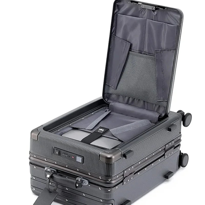 20/24/26 Inch Front Opening Pocket Suitcase Rolling Luggage Aluminum Frame Wide Handle Trolley Case with Wheel USB Charging