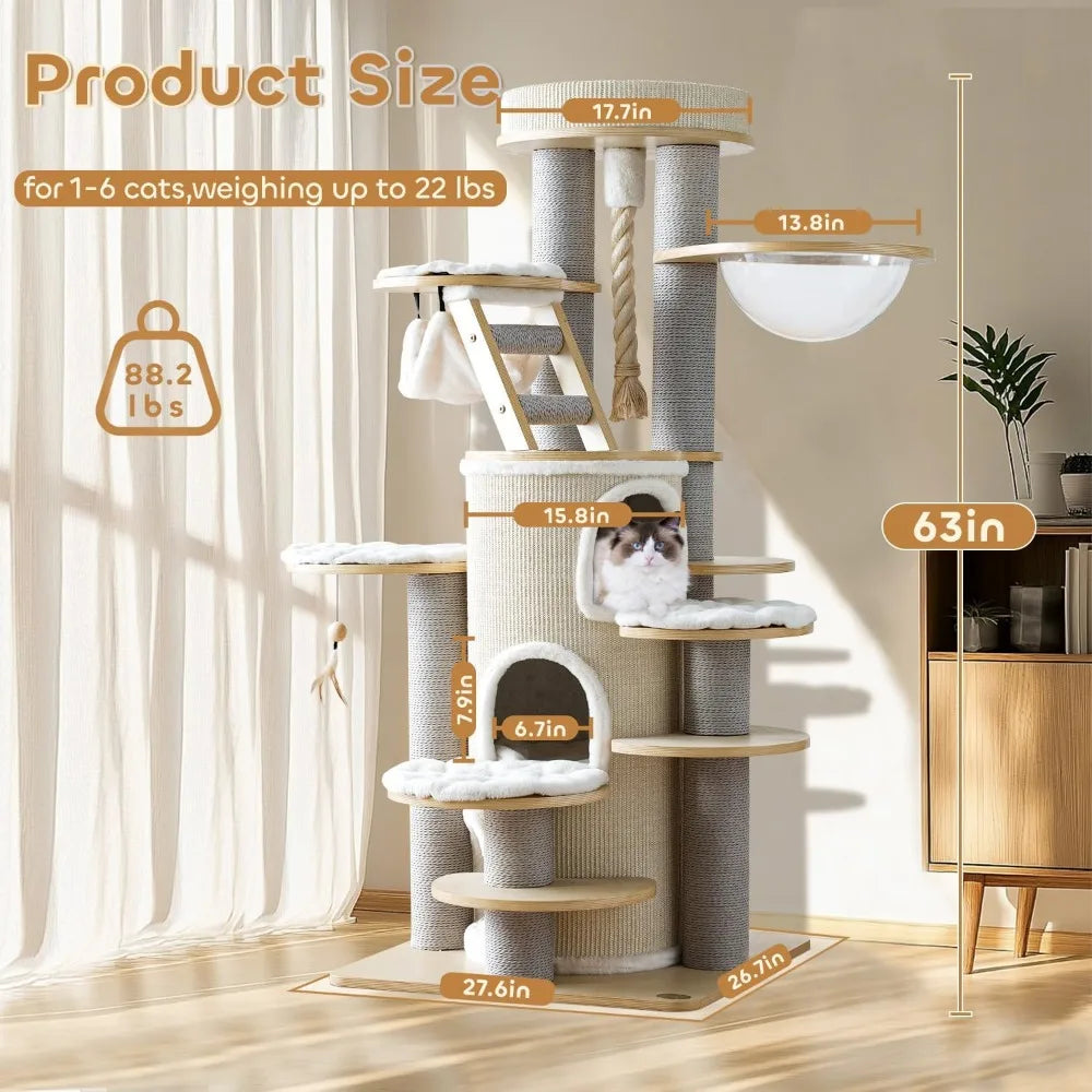 63'' Castle Large Cat Tree for Maine Coon,Modern Solid Wood Cat Tower for Indoor Cats Adults,Multi-Level Heavy Duty Luxury Cat C