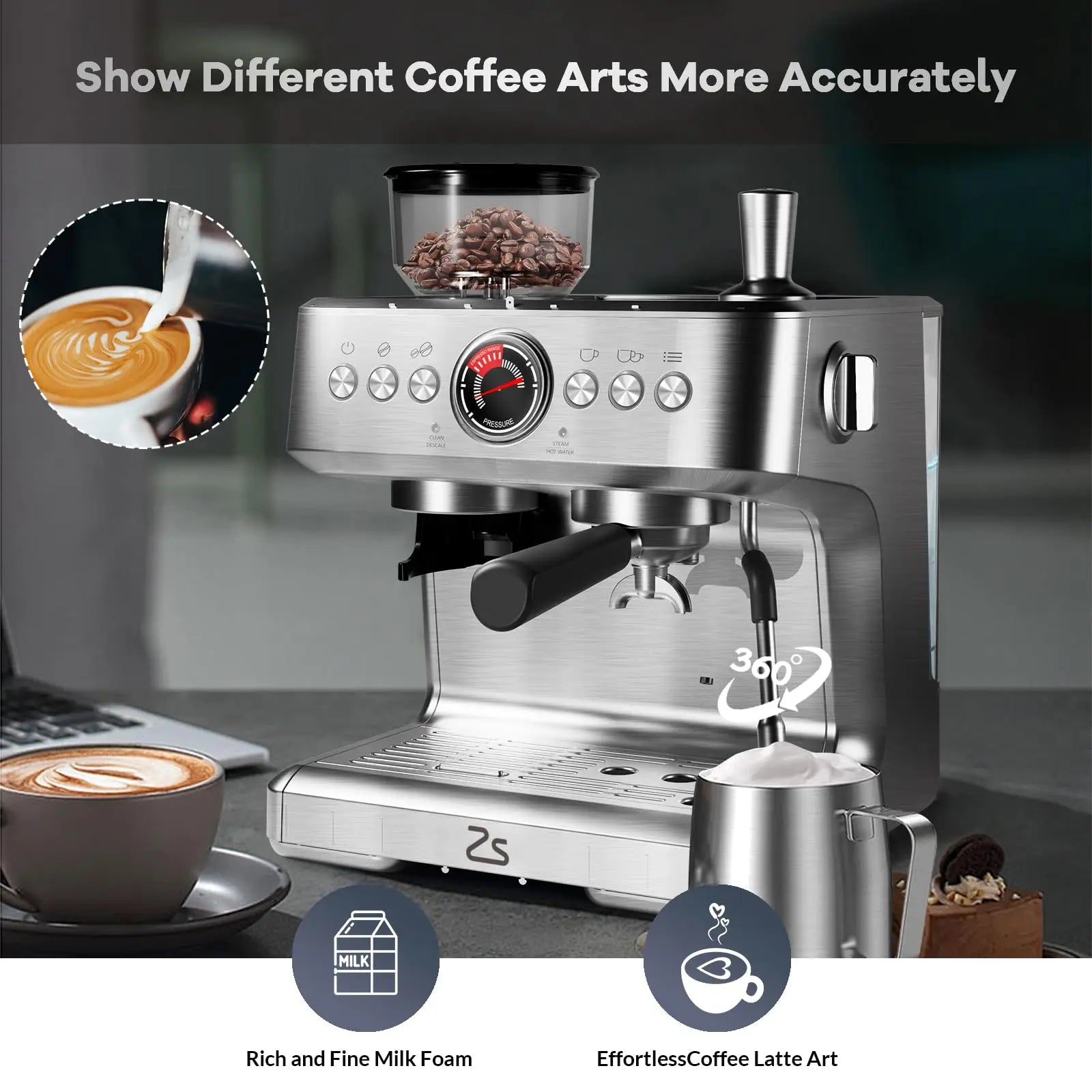 Espresso Coffee Maker With Grinder, 20 Bar Stainless Steel Professional Espresso Coffee Maker With Milk Frother, 2.8L Water Tank