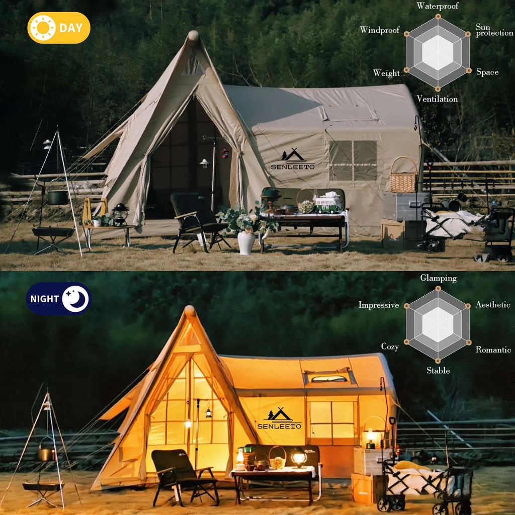 6-8 Person Large Inflatable Camping Tent, 4 Season Blow Up Tent with Rainfly/Canopy, Luxury Air Tent House with Stove Jack