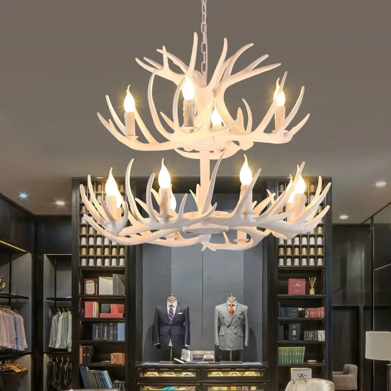Retro Antler Chandelier Lighting Resin Deer Horn Pendant Lamp for Restaurant Living Room Hotel Shop Dining Table Hanging Lamp