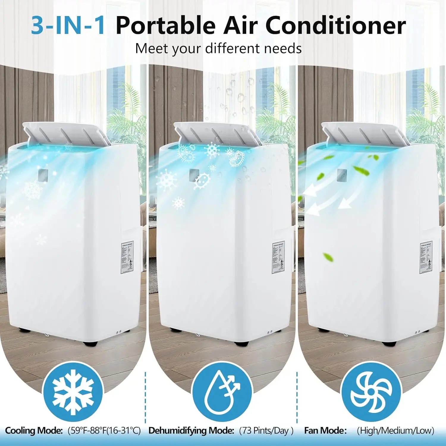 14,000 BTU Portable Air Conditioner - Smart Control Quiet 48dB 3-Speed Fan Dehumidifier 24-Hour Timer for 750 Sq. Ft.