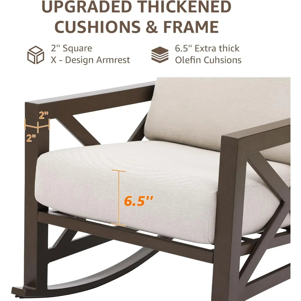 Rocking Bistro Set, 3 Piece Outdoor Patio Conversation Furniture Set with 2 Rockers and 1 Metal Coffee Table with Thick Cushion