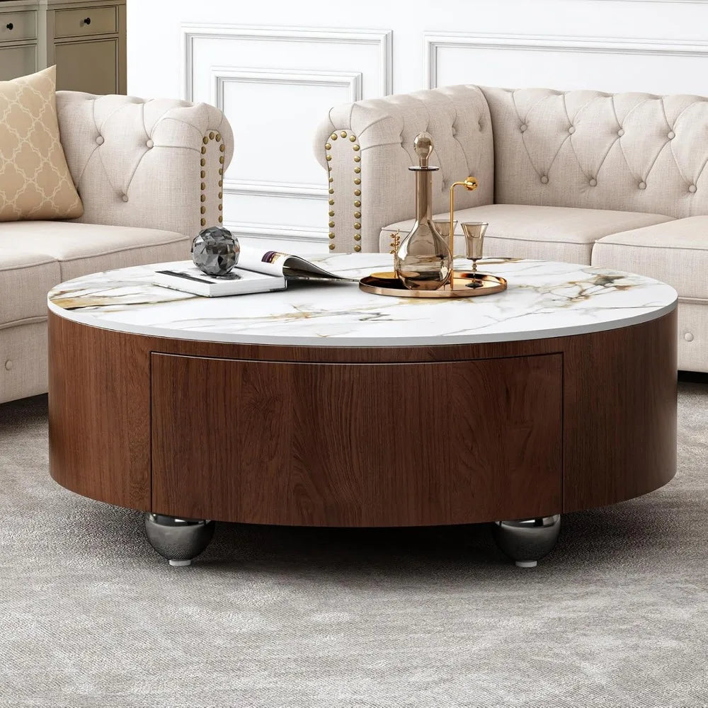 35.4-Inch Mid-Century Modern Marble Top Coffee Table with Drawers | Round Design | Solid Walnut Wood | Fully Assembled