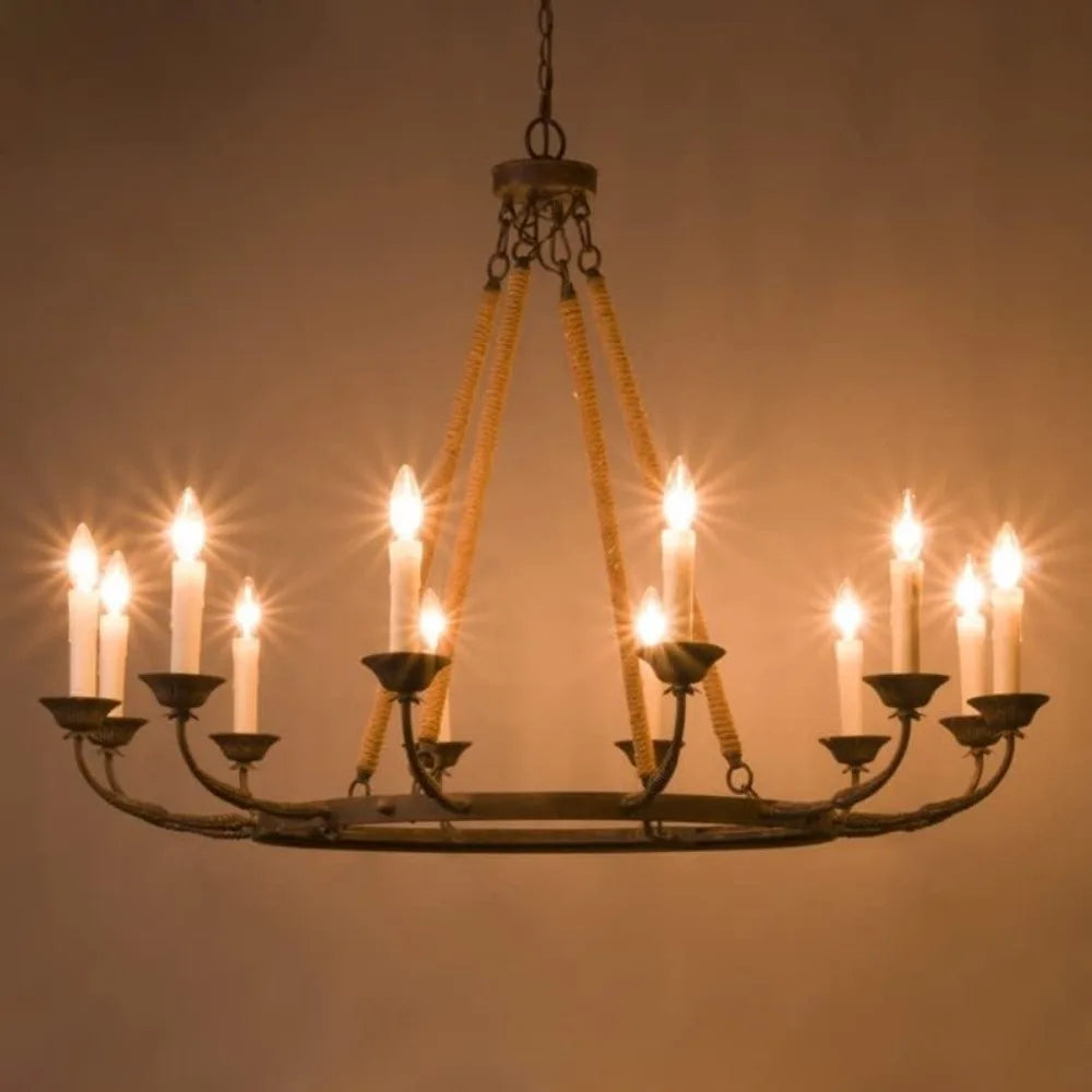 Vintage Chandeliers for Dining Room 12-Light Ceiling Light Fixture Flaxen Hemp Rope and Metal Rustic Round Candelabra Chandelier
