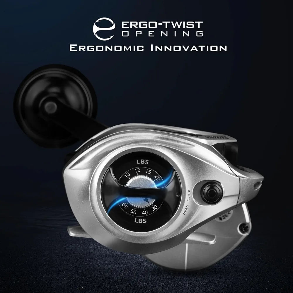 High capacity cast bait reel,graphite frame,35 LBS. Resistance 5.4:1,6+1 double shield /SS BB centrifugal brake, aluminum handle