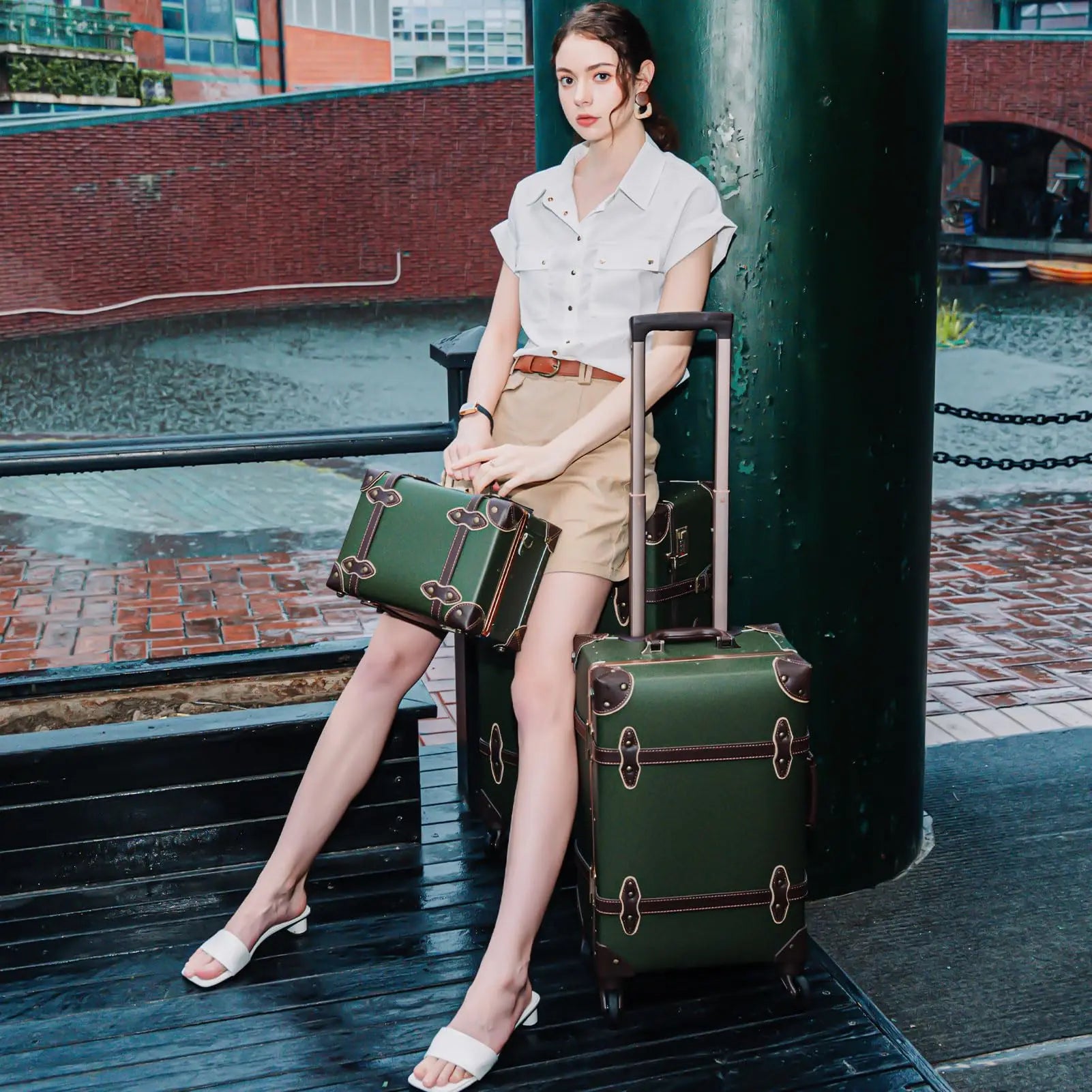 urecity Vintage Luggage Set, 3 Piece Retro trolley luggage bag,Travel Luggage with Spinner Wheels and Beauty Case (Army Green)