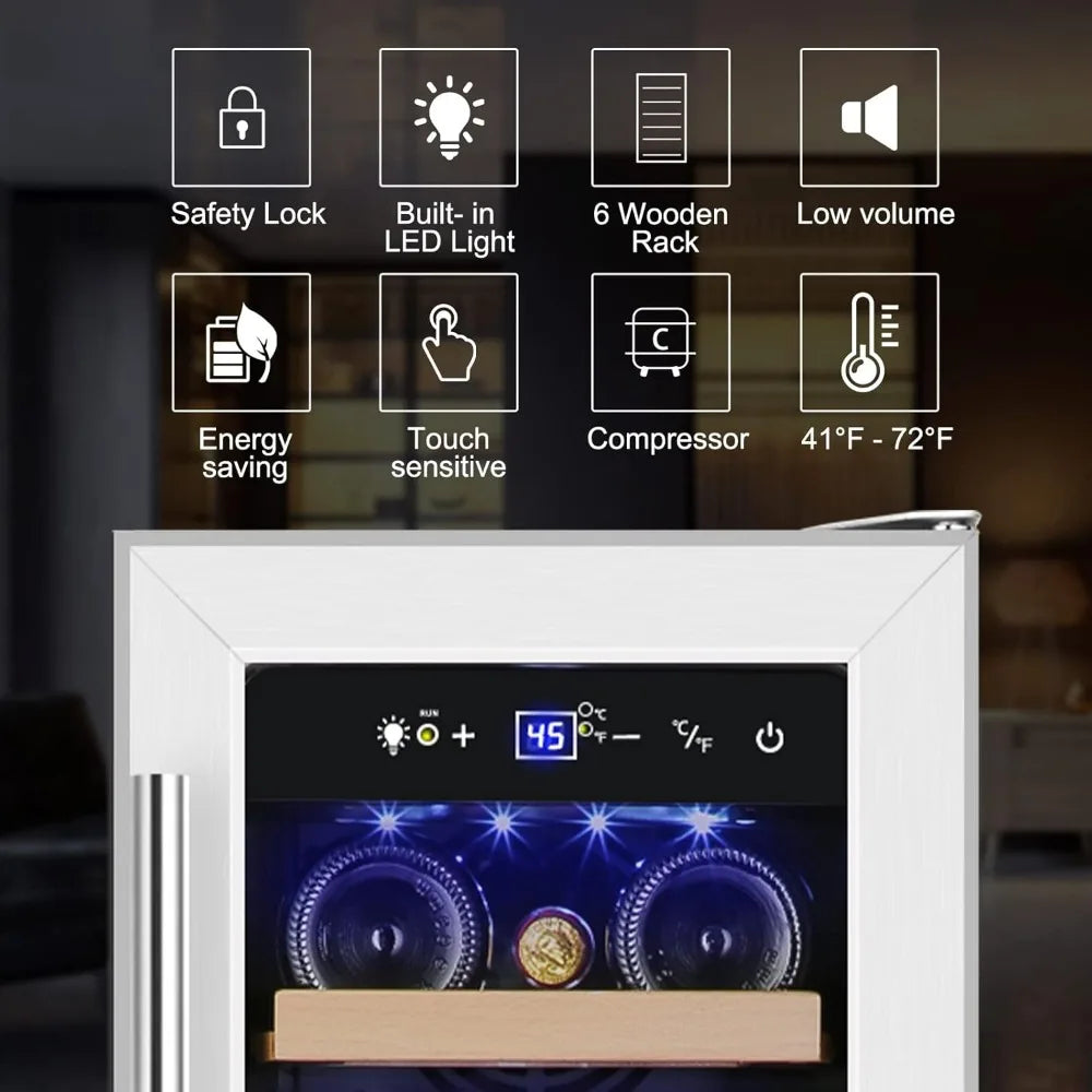 12" Wine Cooler Refrigerator 18 Bottle Wine Fridge Built-in or Freestanding with Stainless Steel & Double-Layer Tempered Glass