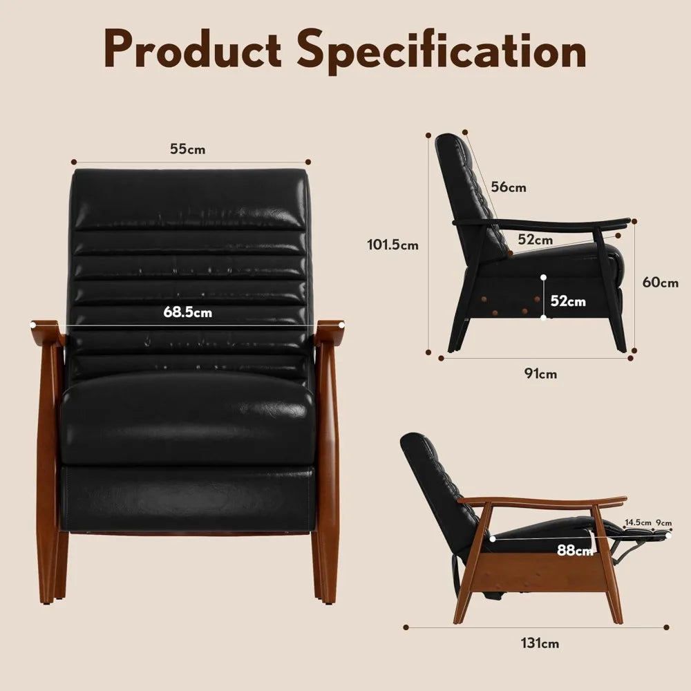 Leather Recliner Chair, Mid Century Push Back Accent Ｃhair, Comfortable Living Room Chair with Solid Wood Frame, High Back Loung