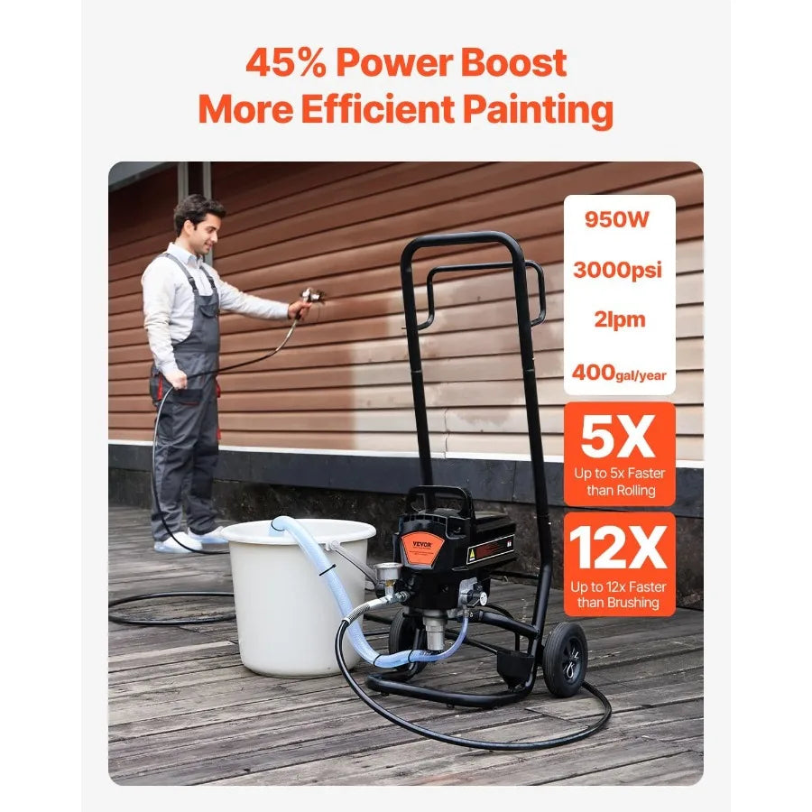 High Efficiency Electric Airless Paint Sprayer with Cart for Home Interior and Exterior Painting Applications 950W 3000PSI Deli