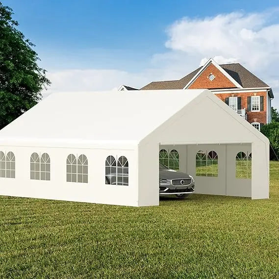 20' x 26' Heavy Duty Carport with Roll-up Visual Windows, Reinforced Party Tent with Removable Sidewalls & Doors for Parties, W