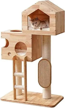 shengocase modern real solid rubber wood large cat tree tower castle with big enclosed bed, house condo, scratching post and sis