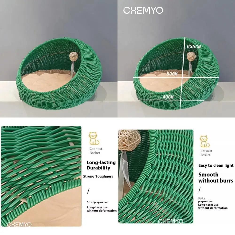 Indoor Rattan Cat House with Washable Cushion and Door Hole, Ideal for Cats and Kittens, Pet Sleeping Bed Elevation